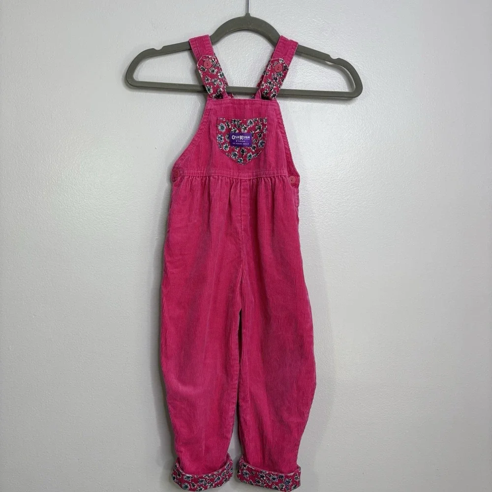 Vintage OshKosh B'gosh Pink Floral Corduroy Overalls Kids Size 4 Made in USA